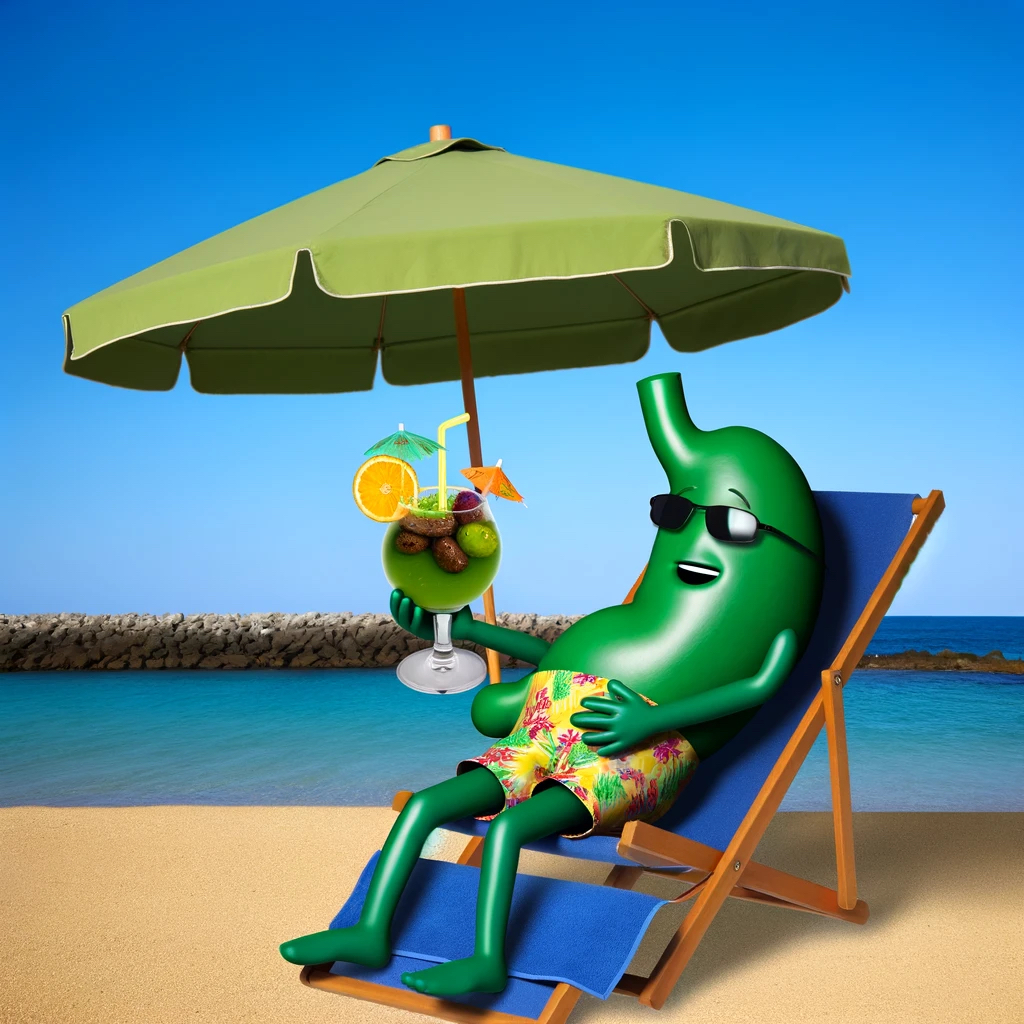 A green, anthropomorphized human gallbladder lounges under a sun shade umbrella on a lawn chair at the beach, exuding a relaxed and happy demeanor. It wears sunglasses and a tropical bathing suit, blending perfectly into the sunny beachside atmosphere. In its hand, it holds a fruity tropical cocktail, distinctively garnished with gallstones, adding a playful twist to the scene. The clear blue sky and serene ocean in the background enhance the vacation-like mood of this imaginative and humorous illustration.
