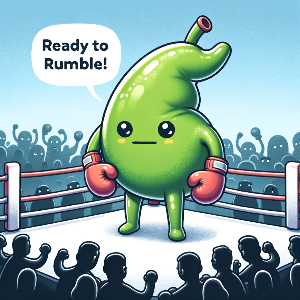 A cartoon-style, personified green gallbladder wearing boxing gloves, looking determined and slightly annoyed, standing in a boxing ring ready to fight, with a speech bubble saying "Ready to rumble!" A crowd of other internal organs is cheering it on from the sidelines.